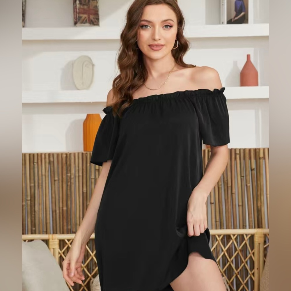 NWOT Womens Ruffle Trim off the shoulder black dress size large